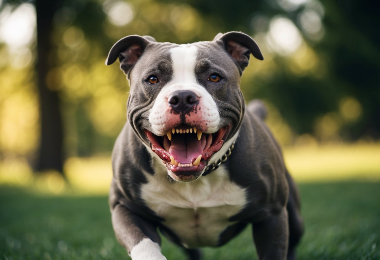 A snarling pit bull lunges forward, baring its teeth and growling aggressively