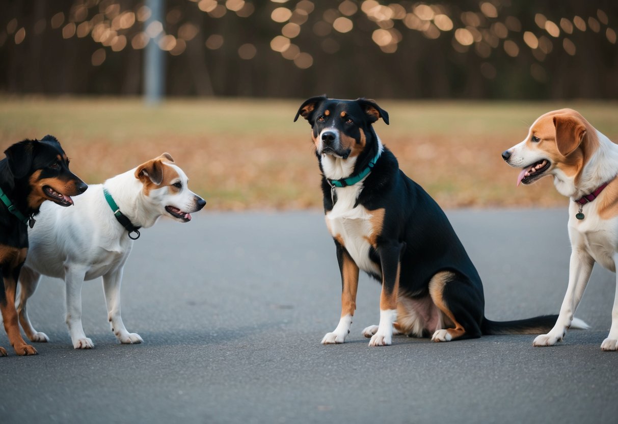 A lone, standoffish dog sits apart from a group, avoiding interaction with other dogs