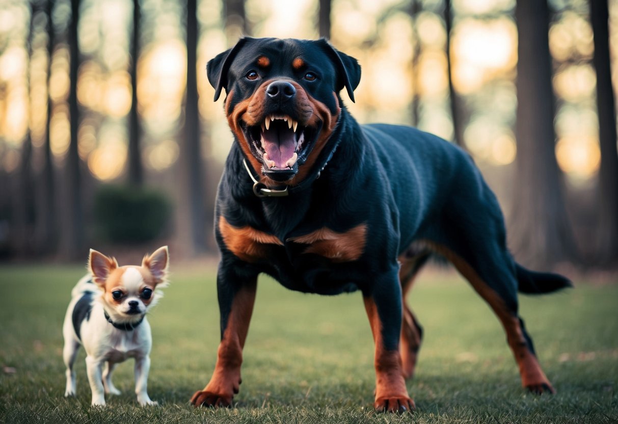 A snarling Rottweiler stands aggressively, teeth bared, as a timid Chihuahua cowers nearby