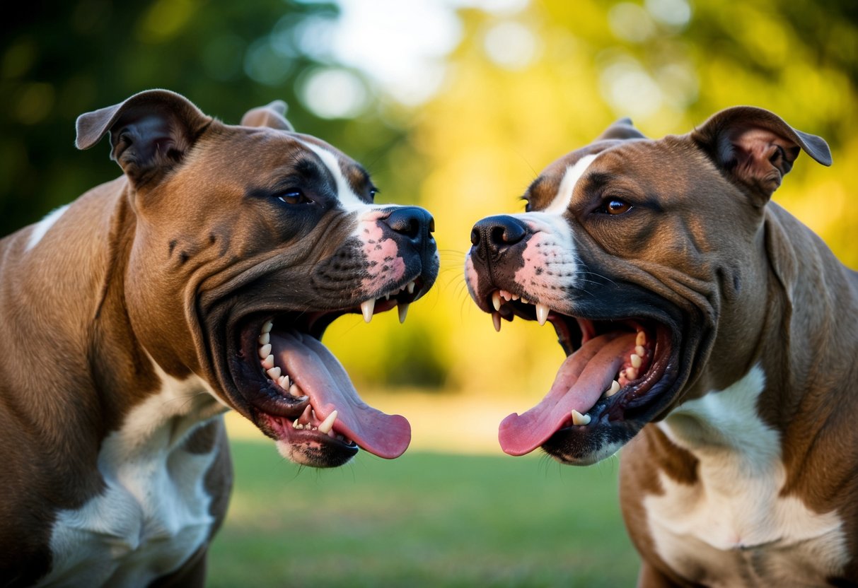 Two snarling pit bulls face off, teeth bared and muscles tense, ready to attack
