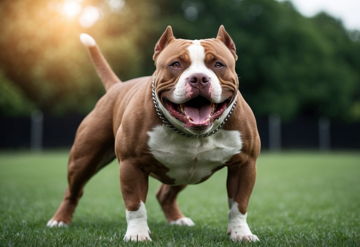 A muscular pit bull aggressively bares its teeth, standing in a defensive stance