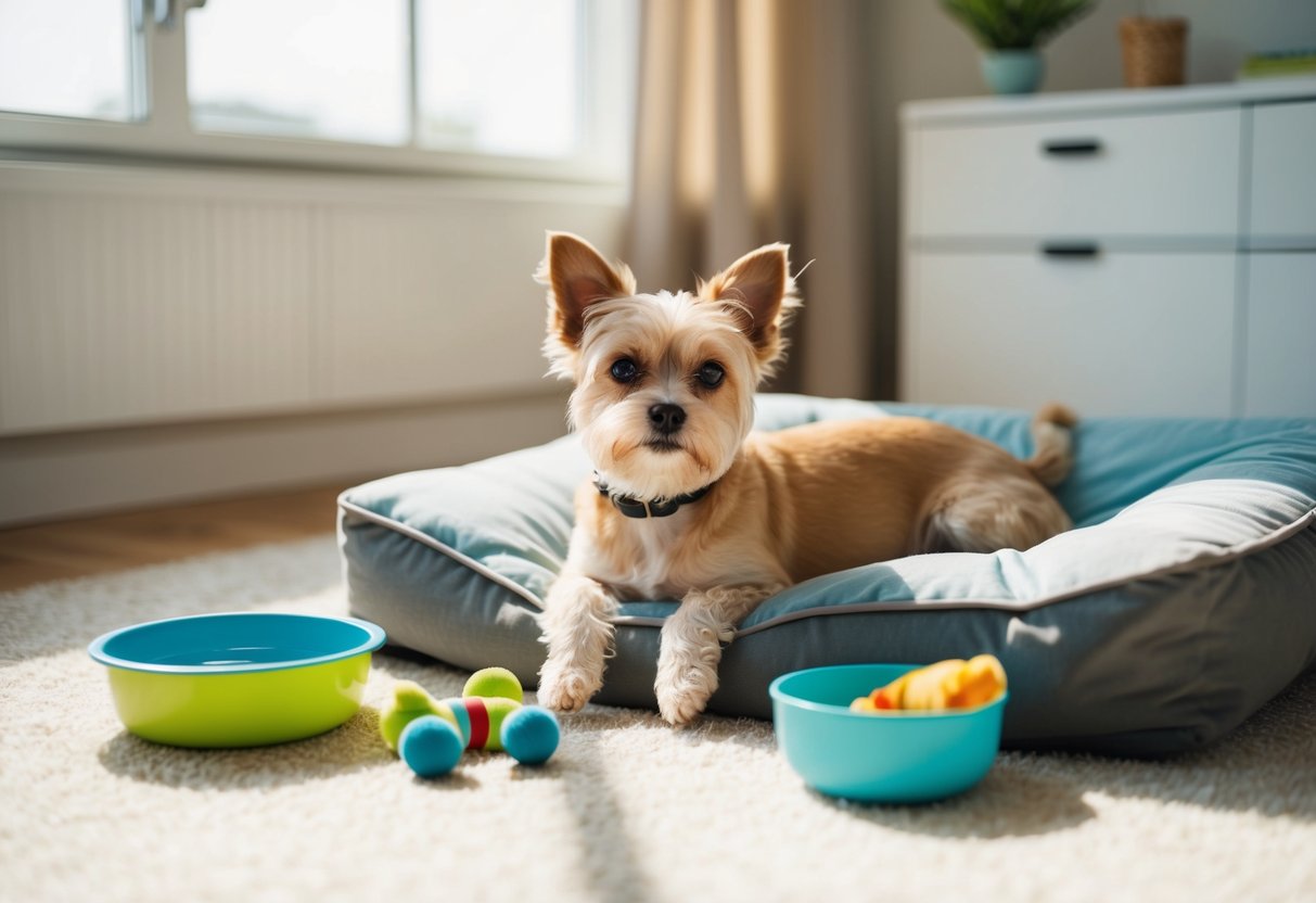 A small, calm dog lounges on a soft bed in a sunlit room, surrounded by toys and a bowl of water