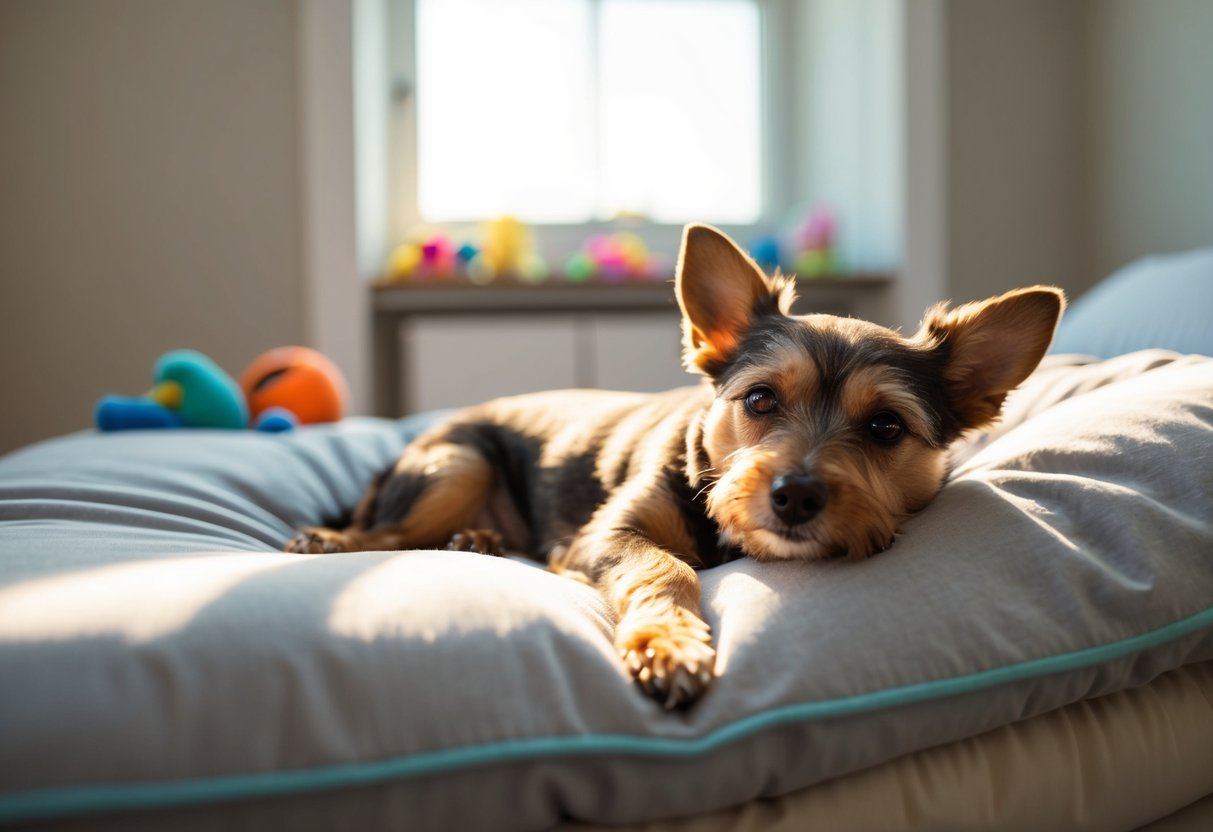 A relaxed, small, mixed-breed dog lounges in a sunlit room with soft, plush bedding and a few toys scattered around