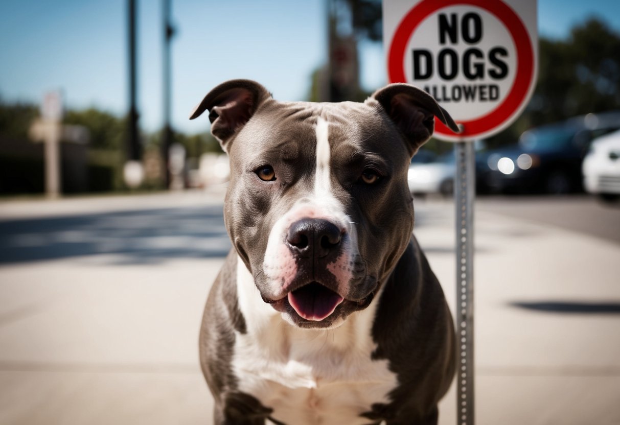 A pit bull with a muzzle in a "no dogs allowed" sign shadow