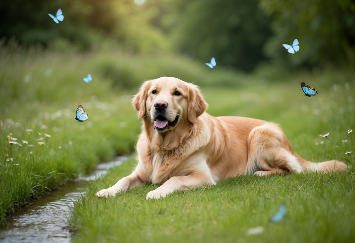 A serene Golden Retriever lies in a peaceful meadow, surrounded by gentle butterflies and a tranquil stream