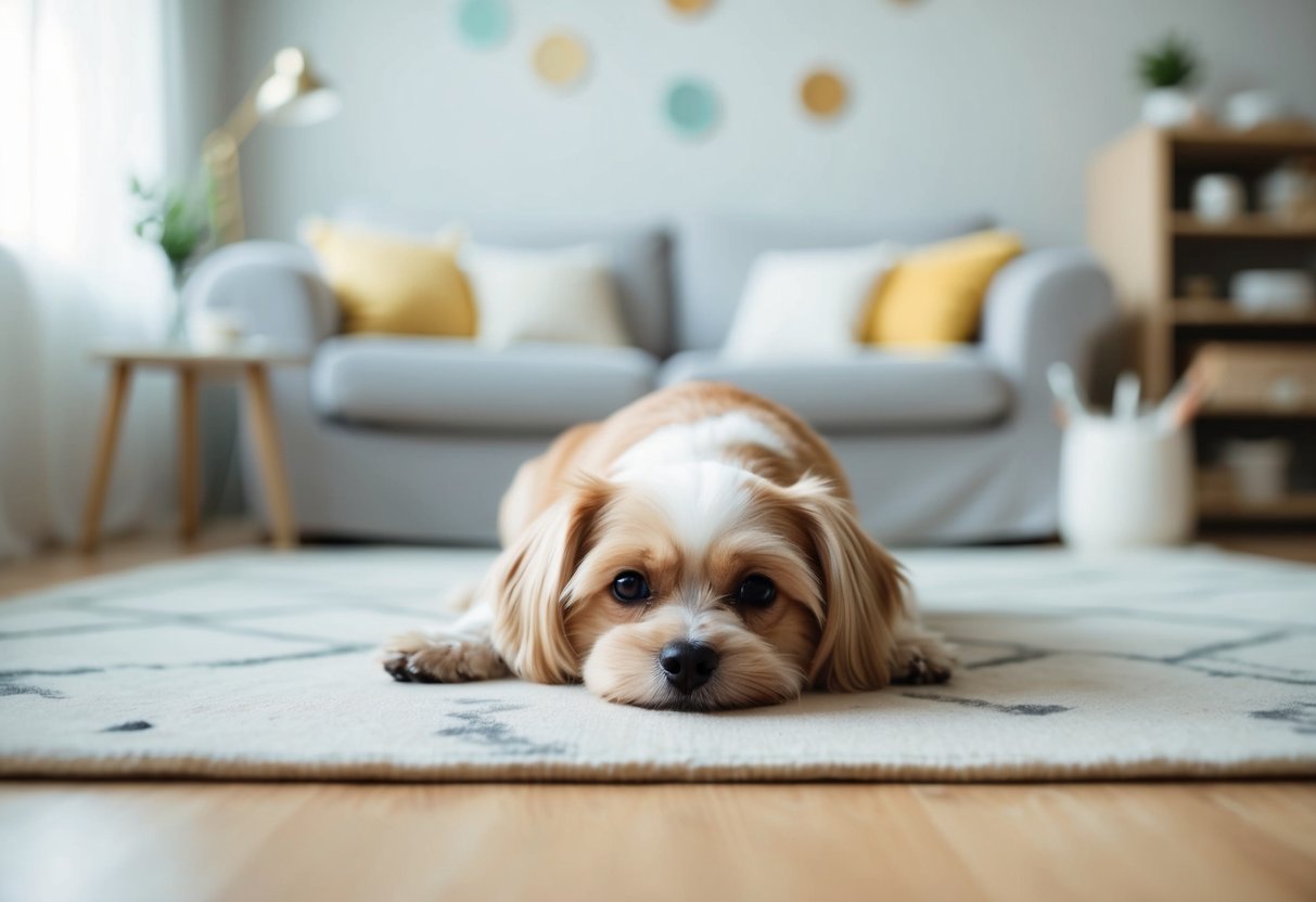 A serene, small dog lounging in a peaceful, clutter-free home environment with soft lighting and minimal noise