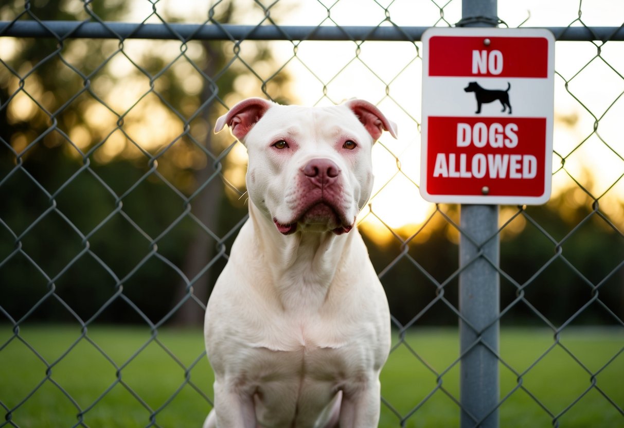 A pit bull stands behind a chain-link fence, with a "no dogs allowed" sign in the background