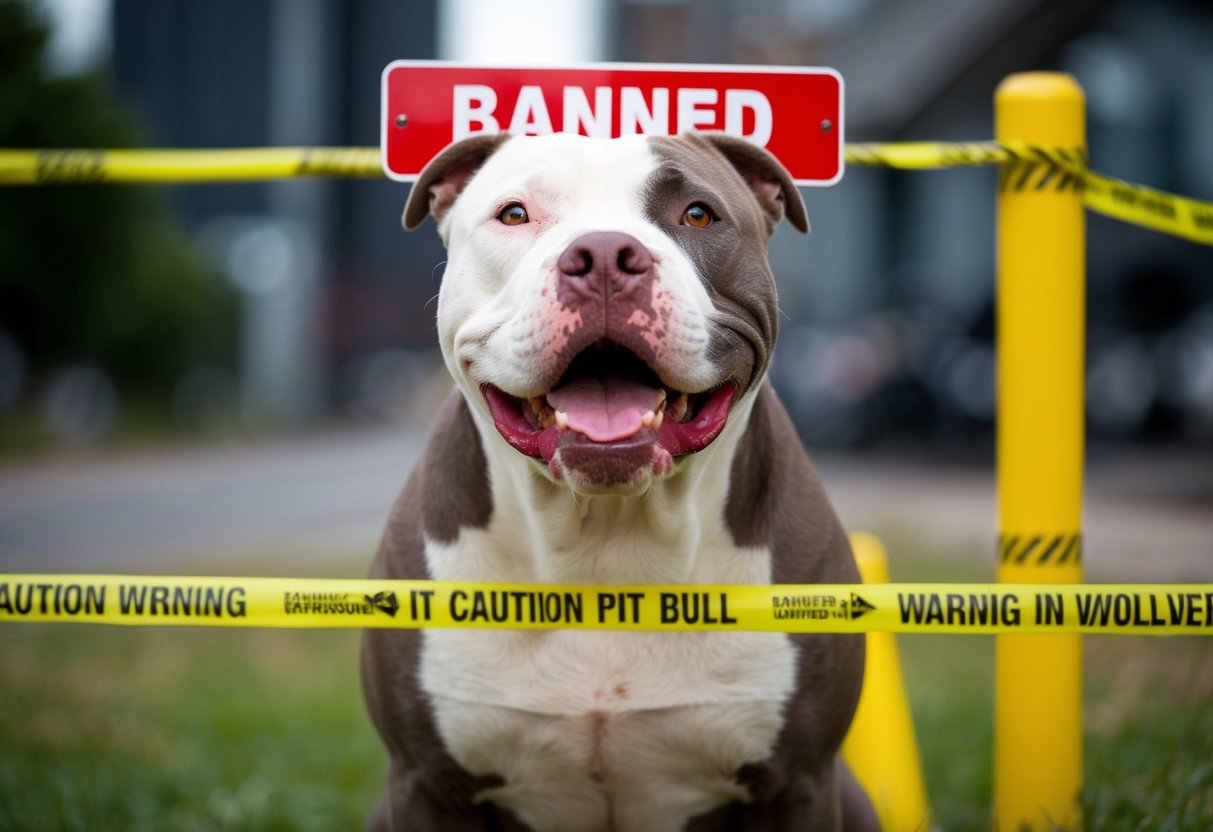 A menacing pit bull with a red "banned" sign over its head, surrounded by caution tape and warning signs