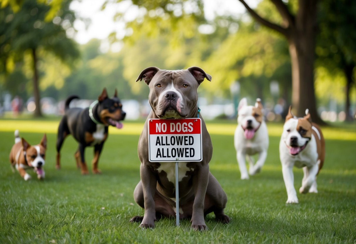 A pit bull sits sadly behind a "No Dogs Allowed" sign, while other breeds happily play in the park
