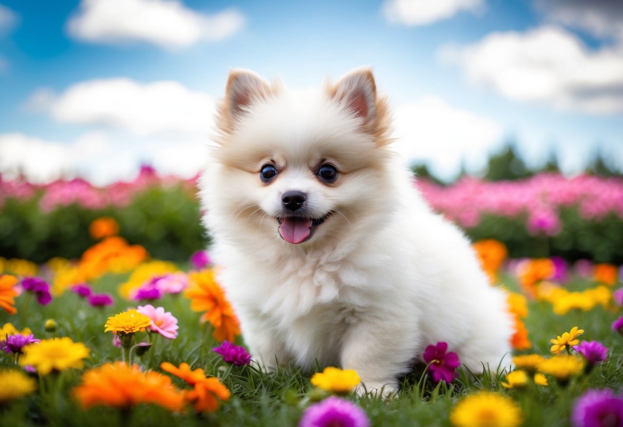 A fluffy white Pomeranian puppy with big round eyes, a small button nose, and tiny pink tongue, sitting in a bed of colorful flowers