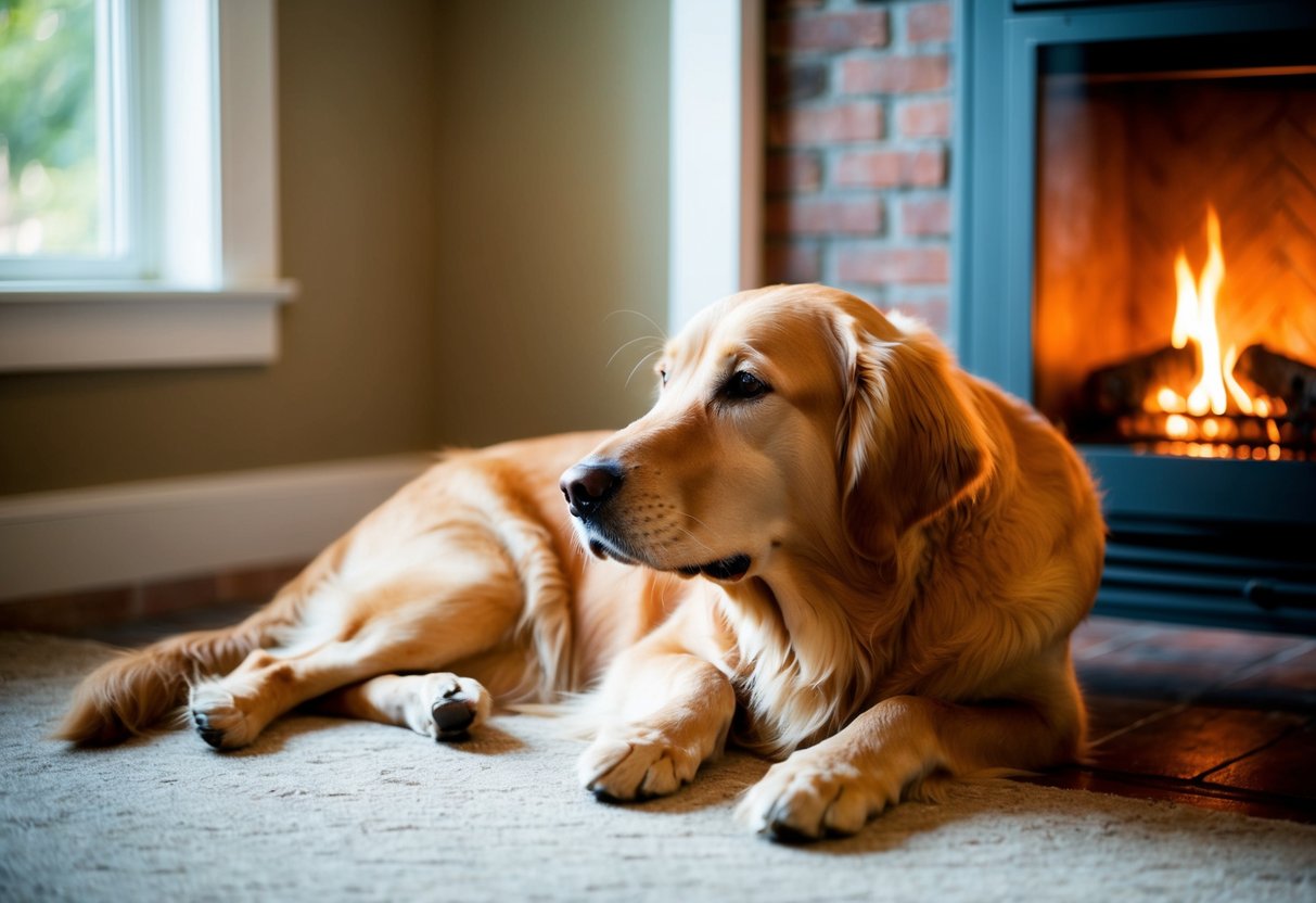 A golden retriever peacefully resting by a crackling fireplace, gazing at its owner with unwavering loyalty