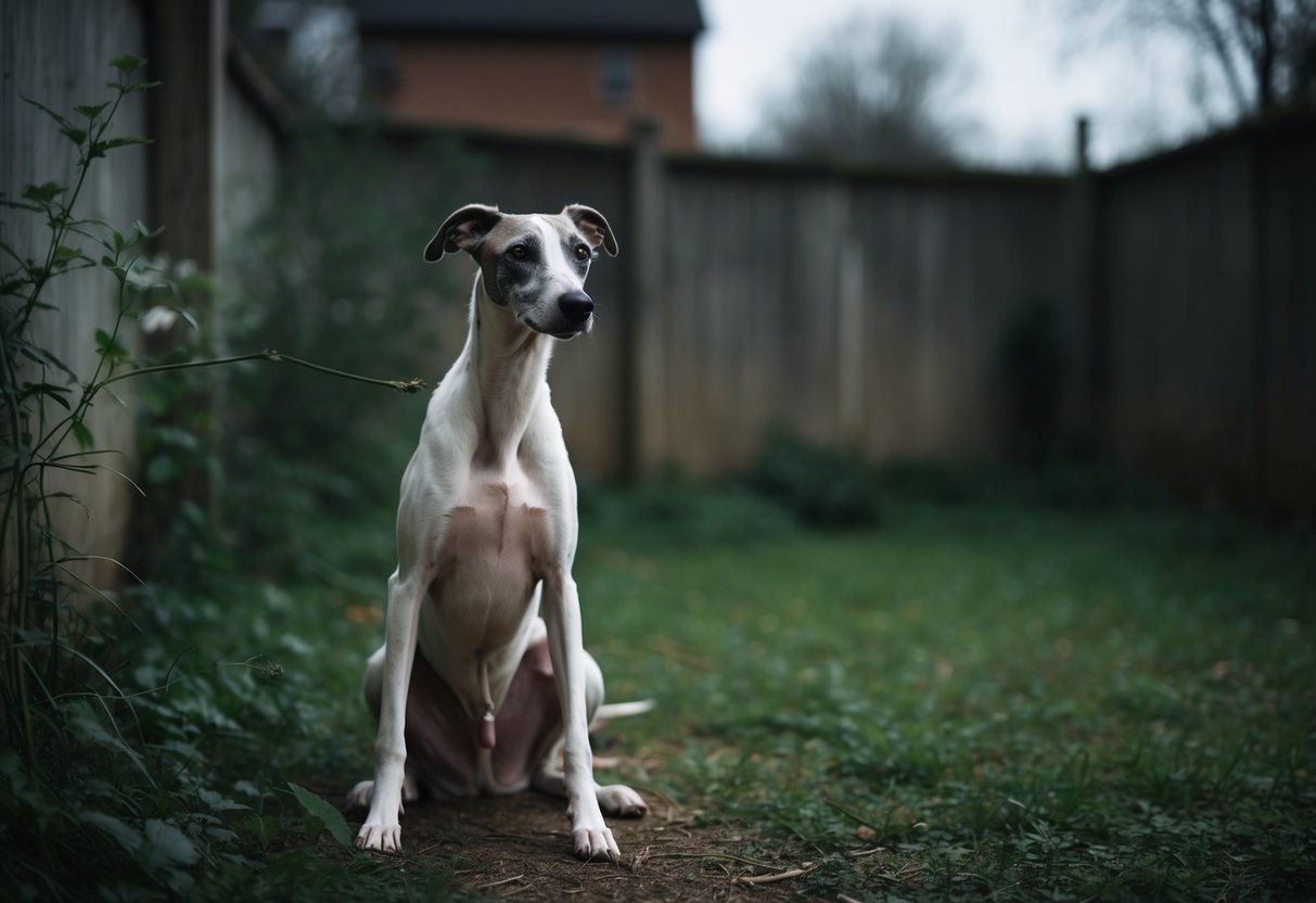 A forlorn, neglected greyhound sits alone in a dimly lit, overgrown backyard, its thin frame a stark contrast to the surrounding neglect