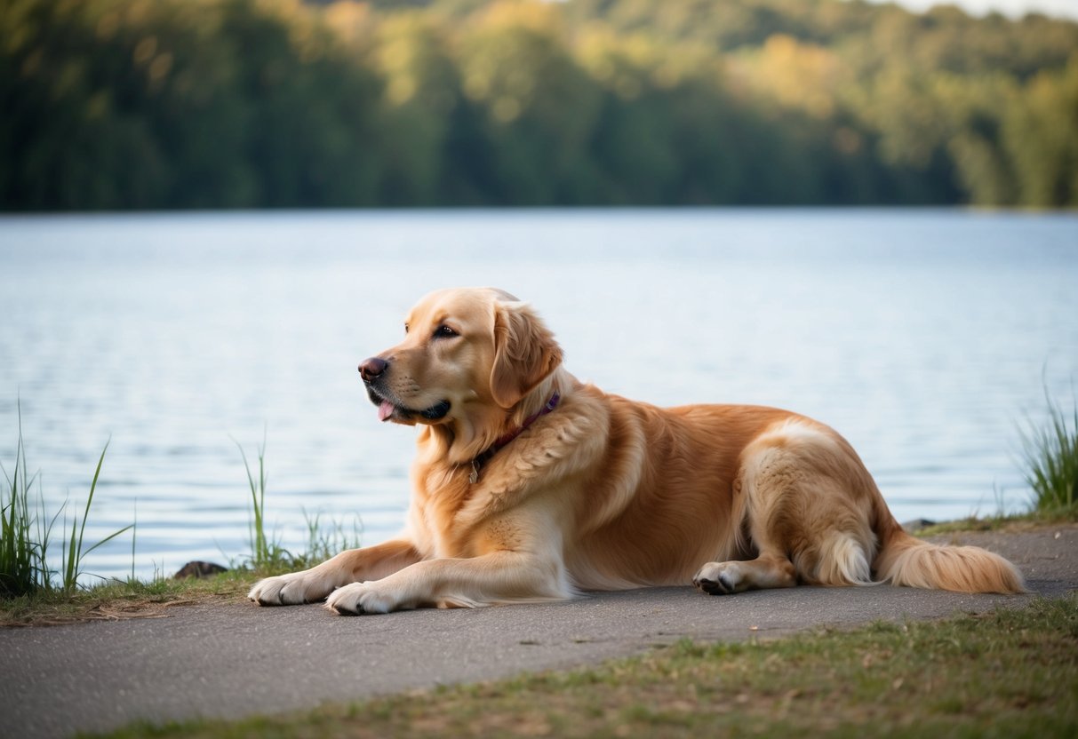 A serene Golden Retriever lies by a tranquil lake, gazing faithfully at its owner