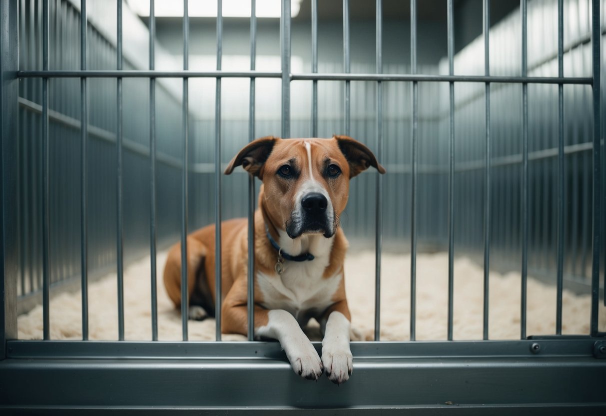 A forlorn-looking mixed breed dog sits alone in a dimly lit animal shelter kennel, staring out with sad eyes