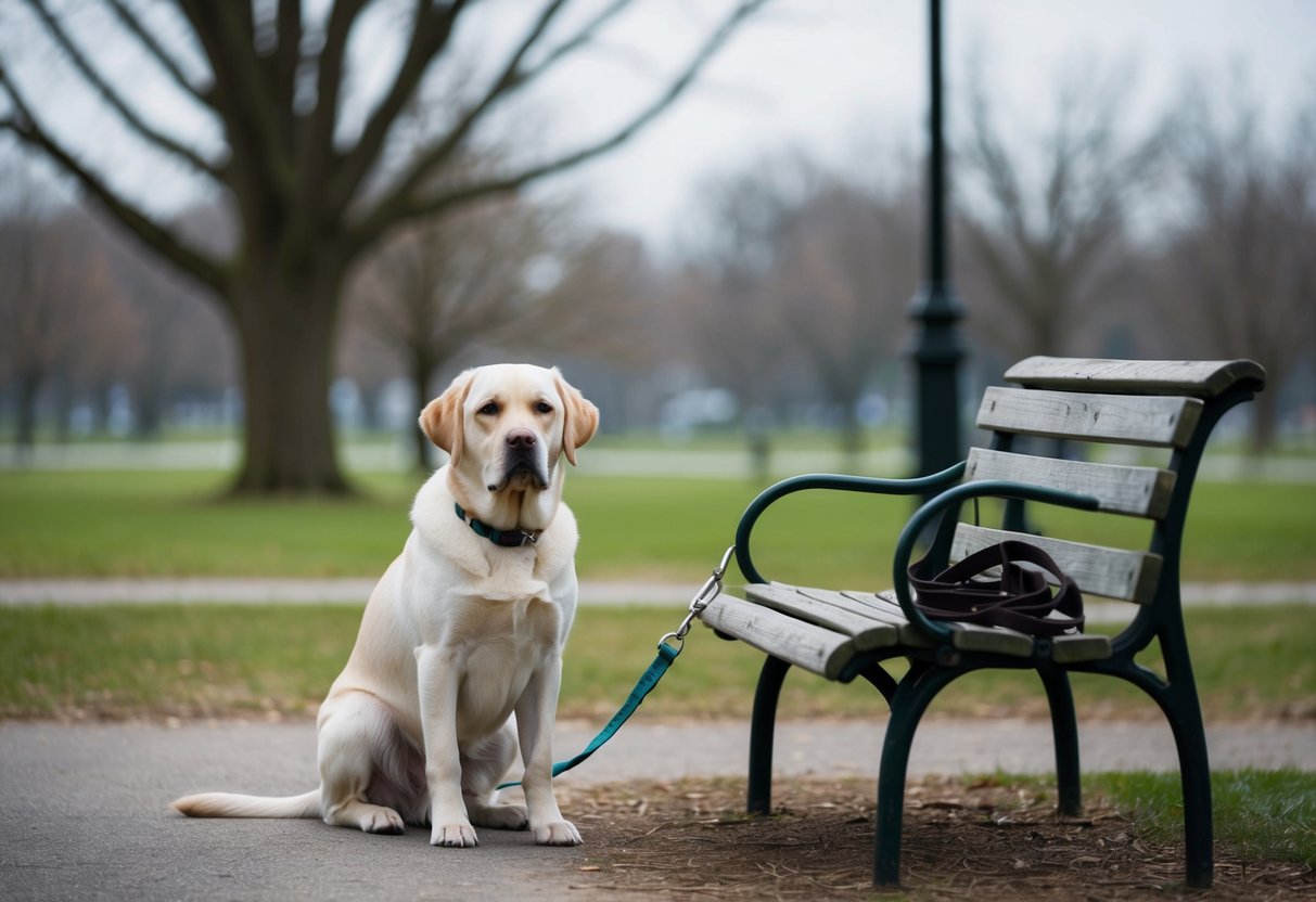 A sad-looking Labrador retriever sits alone in a deserted park, with a leash and collar left behind on a bench