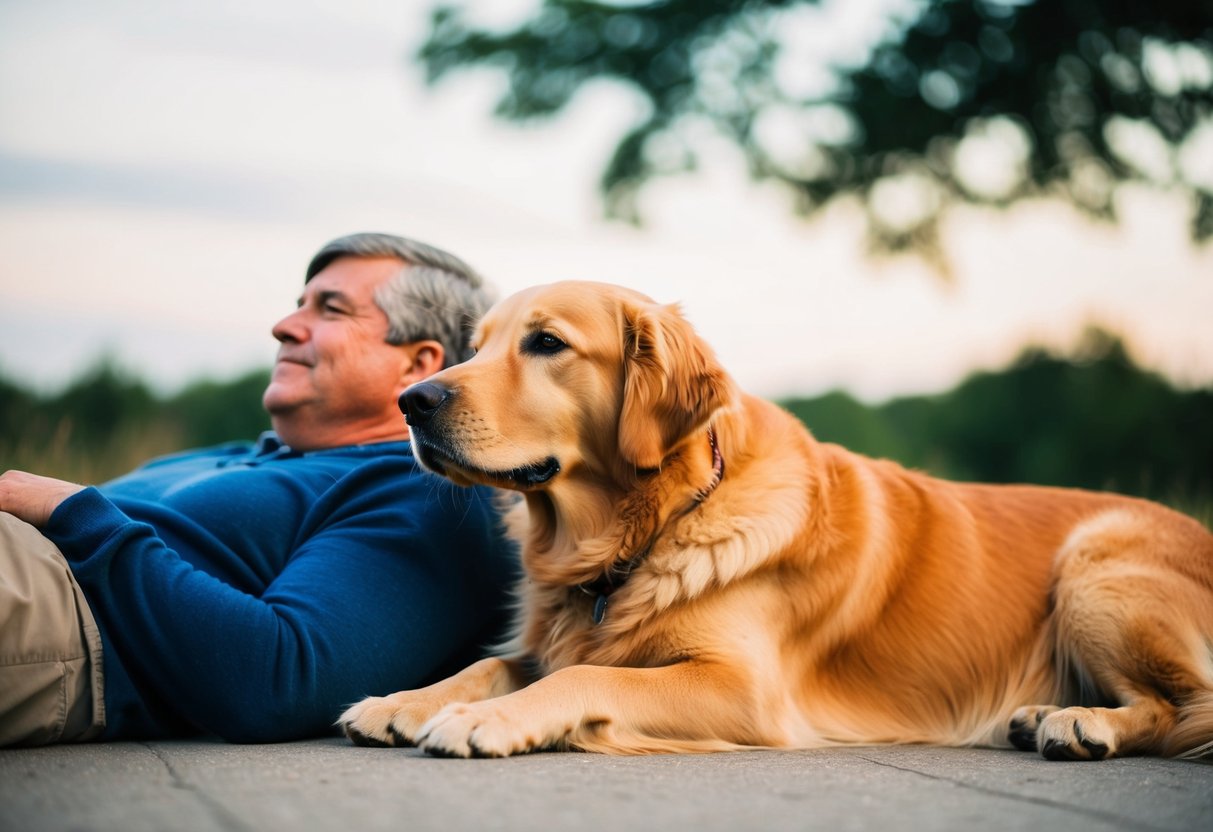 A golden retriever lays peacefully by its owner's side, gazing up at them with unwavering loyalty