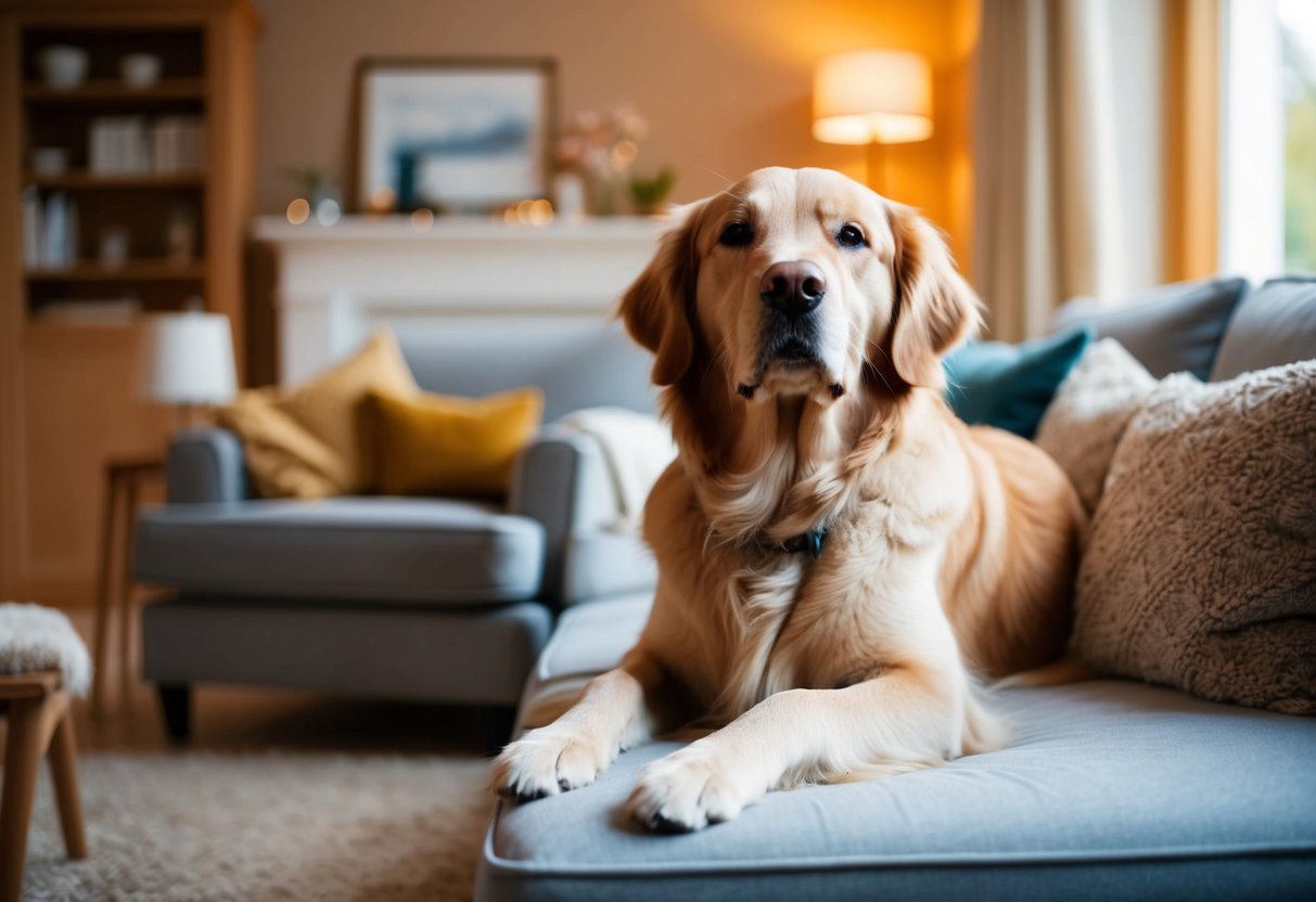 A serene, loyal Golden Retriever sits peacefully in a cozy living room, surrounded by comfortable furniture and warm lighting