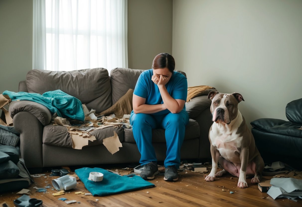 A torn-up couch and scattered belongings surround a saddened owner, while a guilty-looking pit bull sits nearby