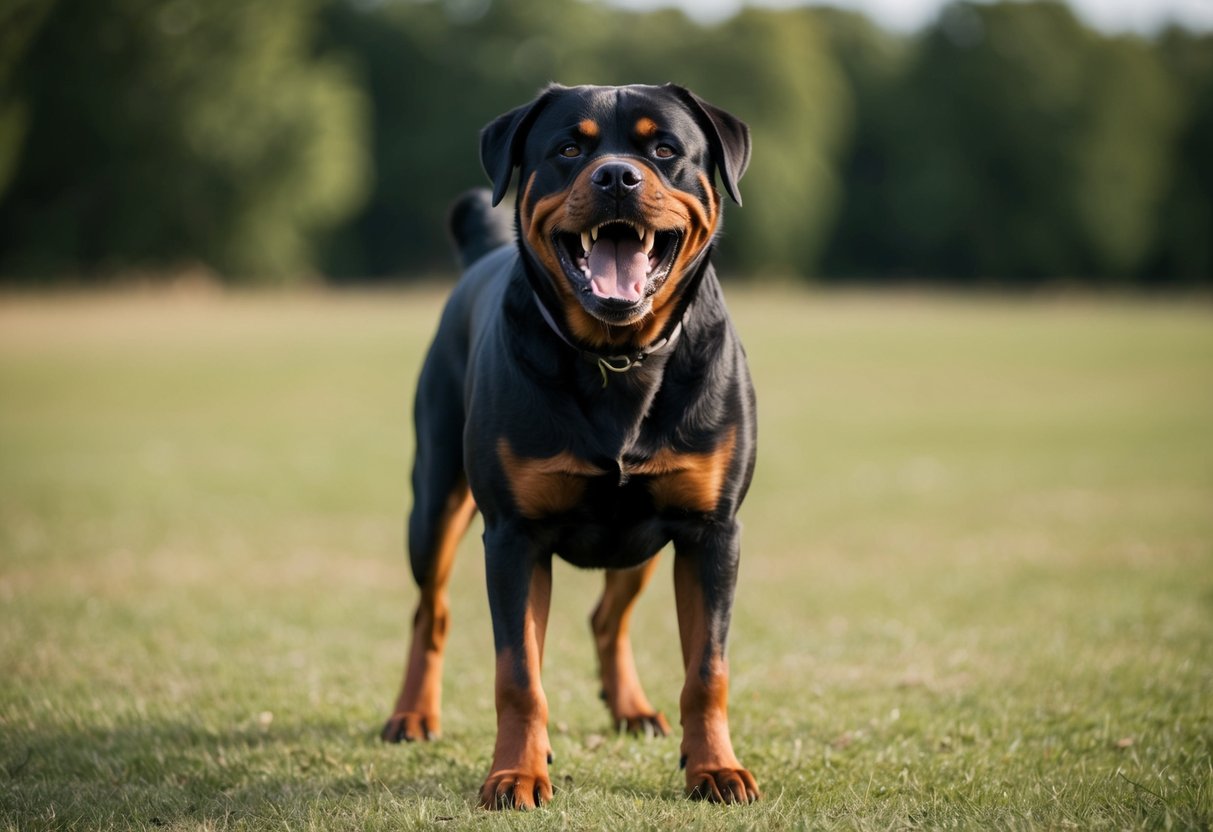 A snarling Rottweiler stands tall, teeth bared, guarding its territory with intense aggression