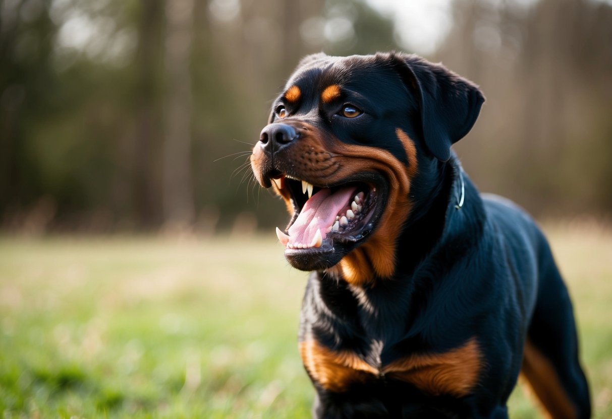 A snarling Rottweiler stands guard, teeth bared and hackles raised, ready to defend its territory