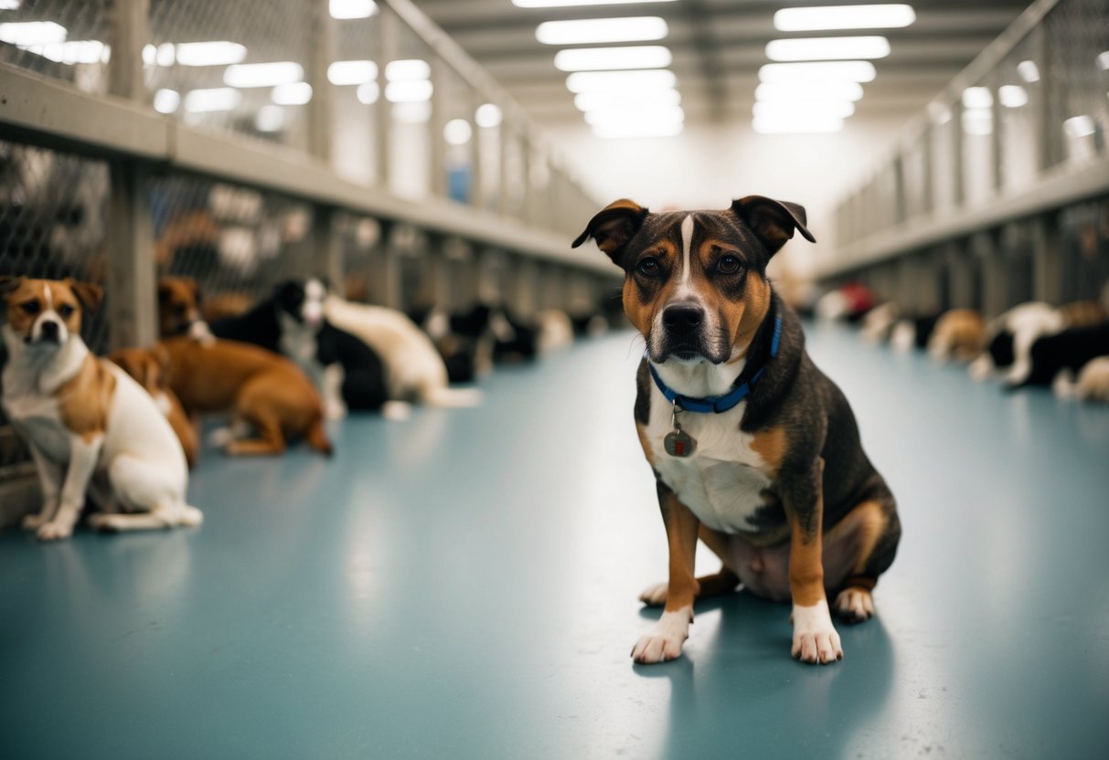 A sad-looking mixed-breed dog sitting alone in a crowded animal shelter