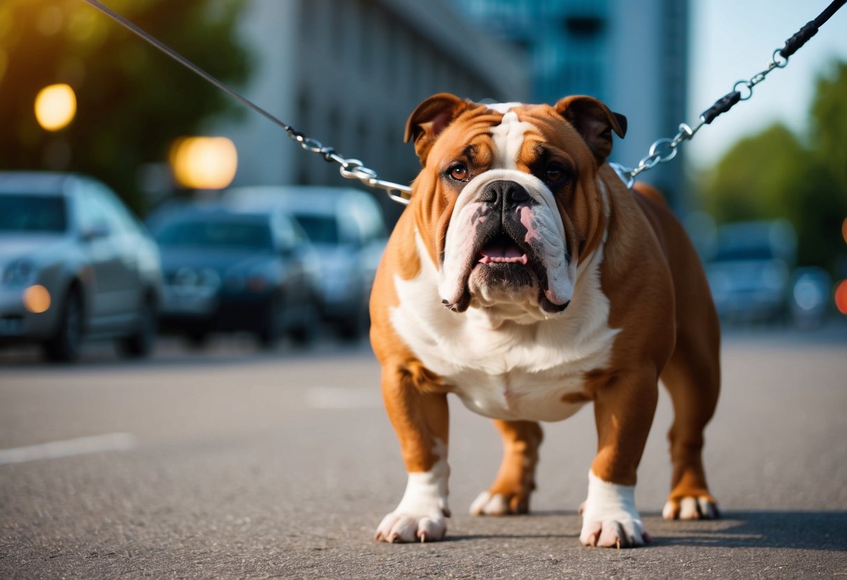A stubborn bulldog refuses to obey commands, pulling on a leash with a defiant expression
