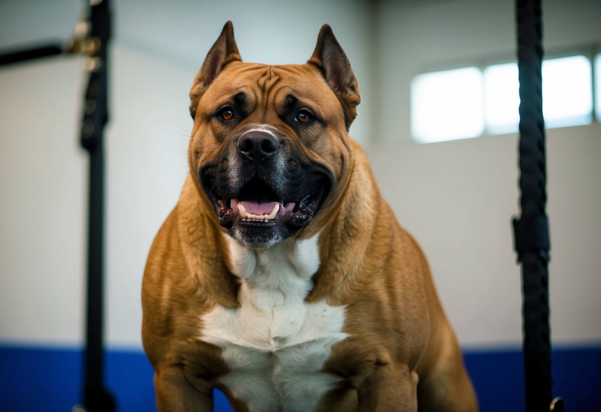 A large, muscular dog stands alert, ears perked and teeth bared, as it undergoes training exercises. Its intense gaze and powerful stance exude an aura of aggression and protection