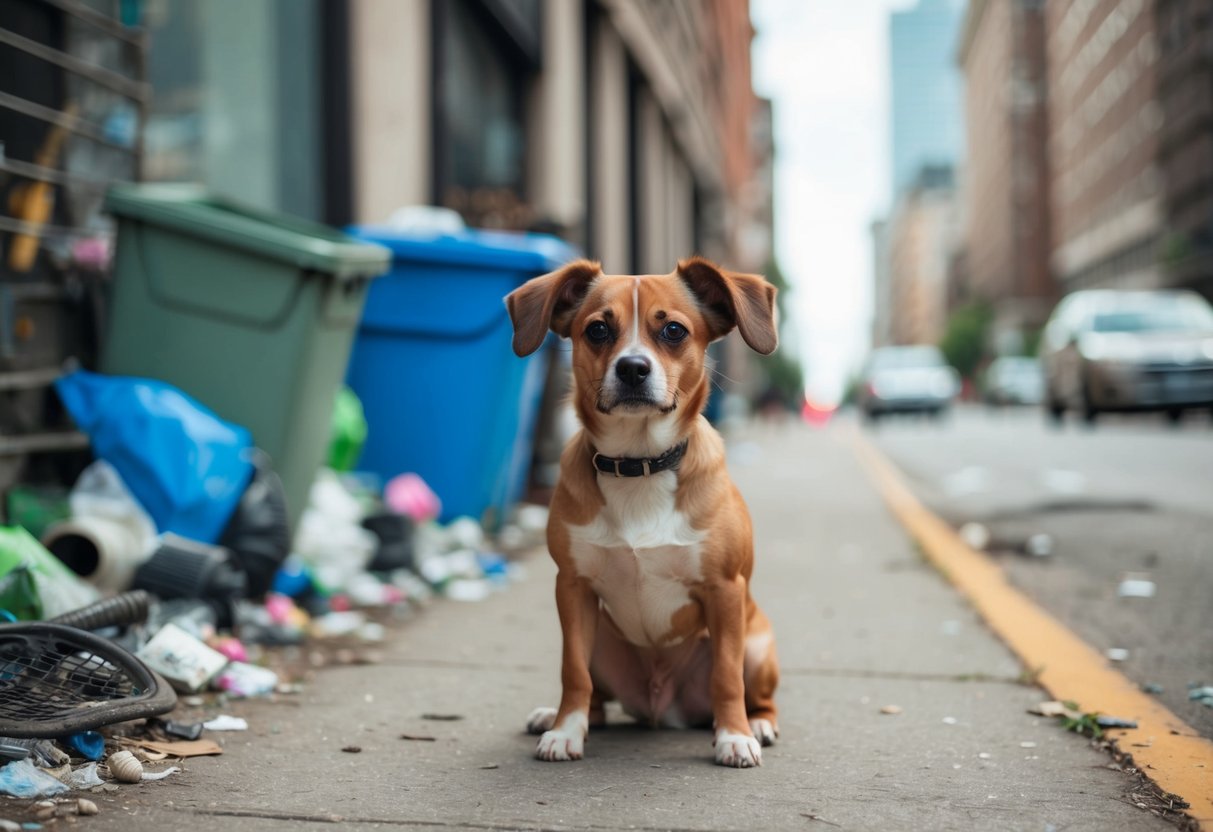 A small, sad-looking mixed-breed dog with floppy ears sitting alone on a city street, surrounded by trash and abandoned objects
