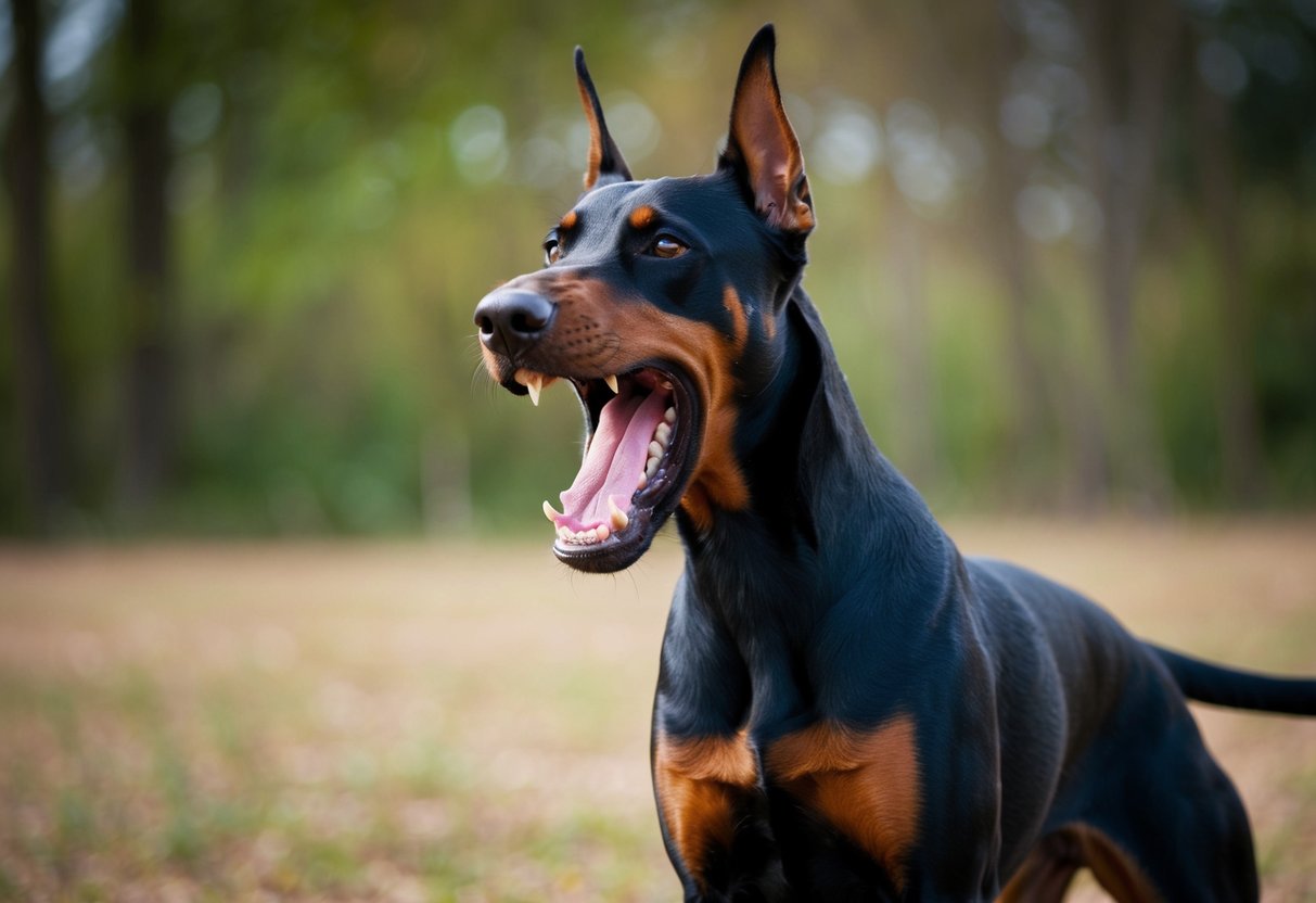 A snarling Doberman pinscher stands guard, teeth bared and muscles tense, ready to defend its territory