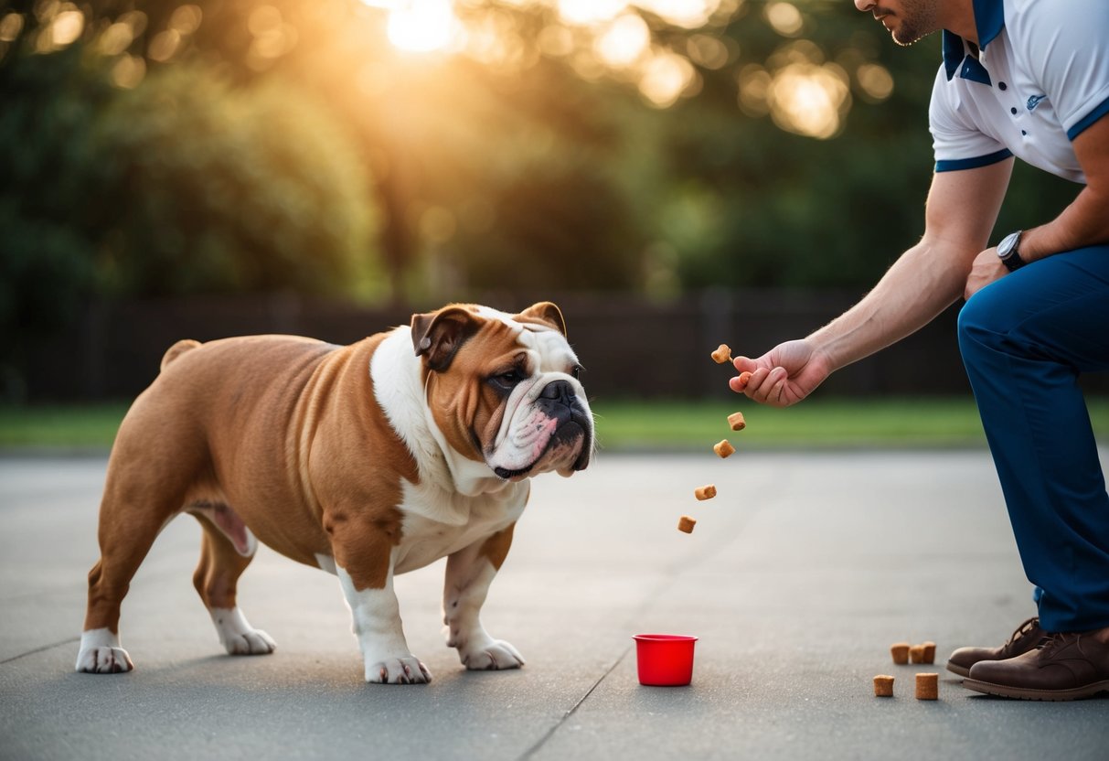 A stubborn bulldog ignores commands, while a patient trainer uses treats and positive reinforcement