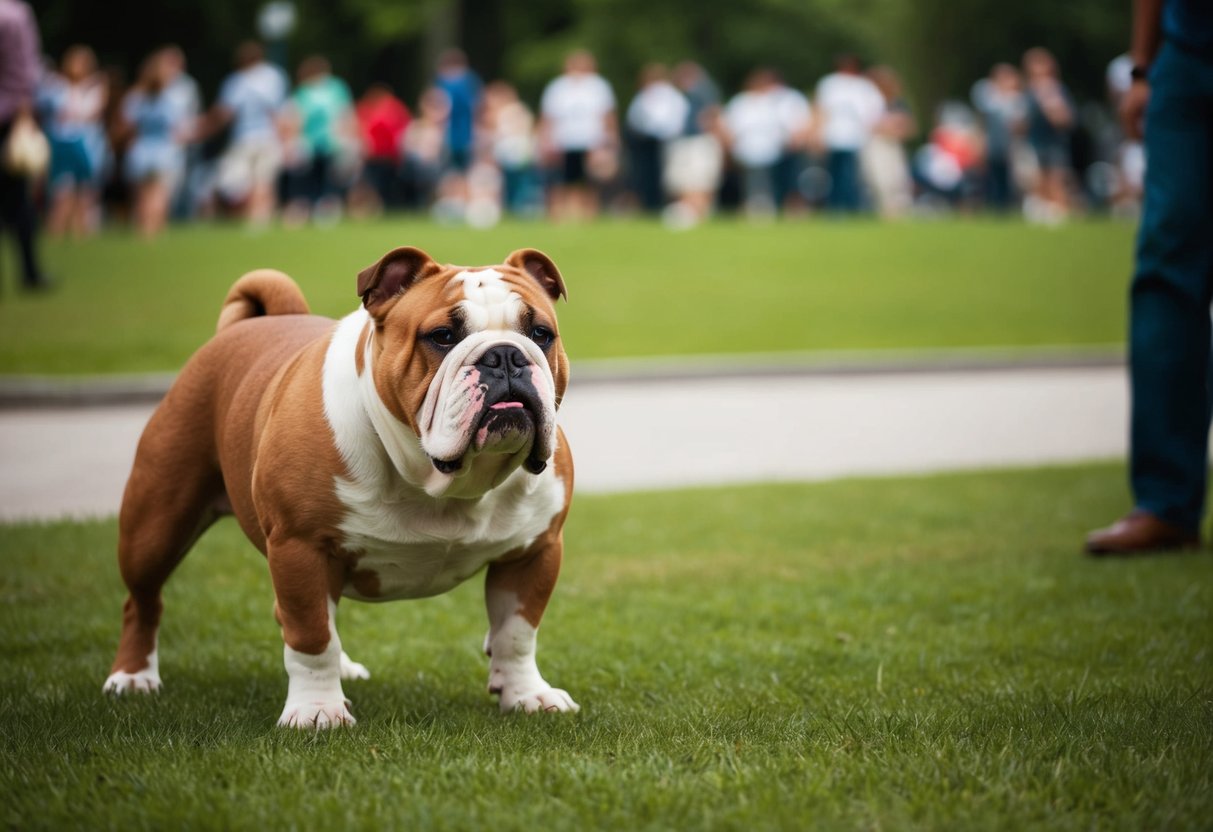 A stubborn bulldog ignoring commands in a crowded park