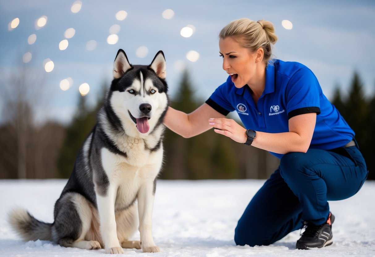 A stubborn, independent husky ignores commands while a frustrated trainer tries to get its attention