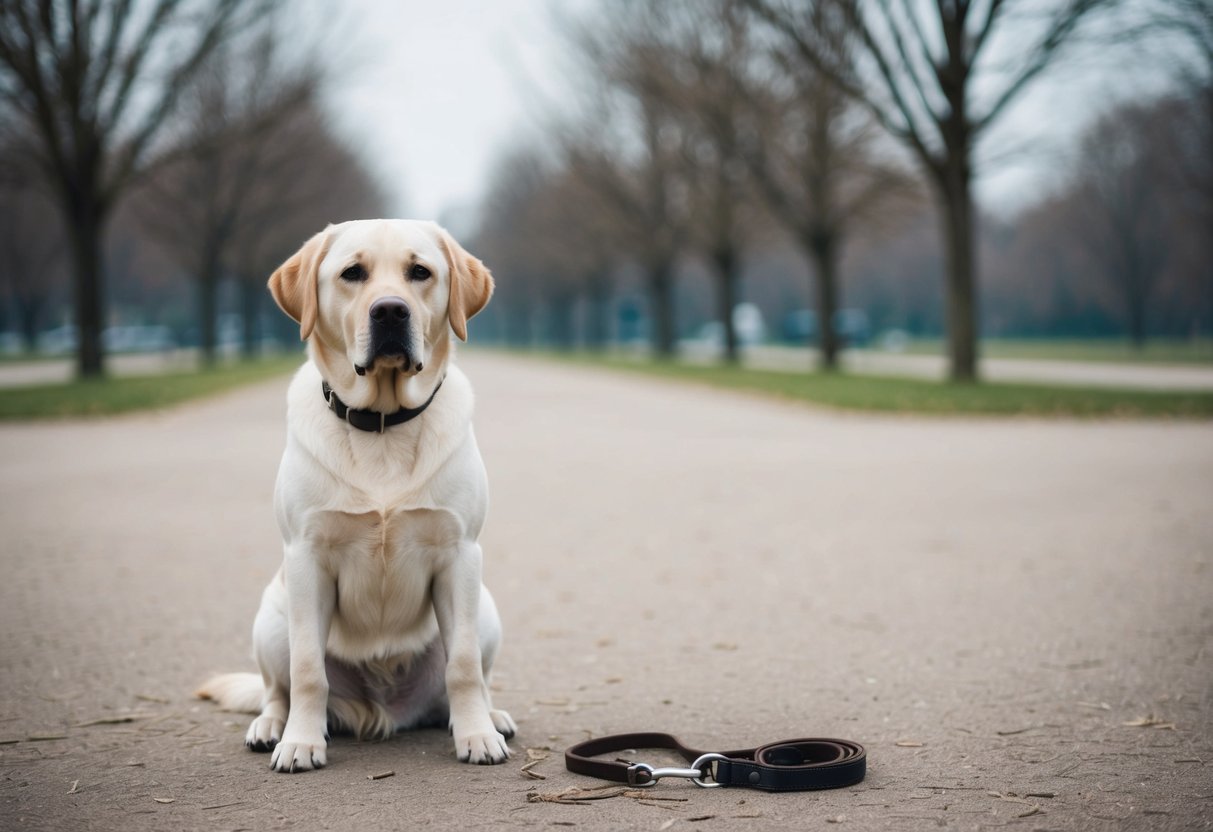 A sad-looking Labrador retriever sitting alone in a deserted park, with a collar and leash abandoned nearby