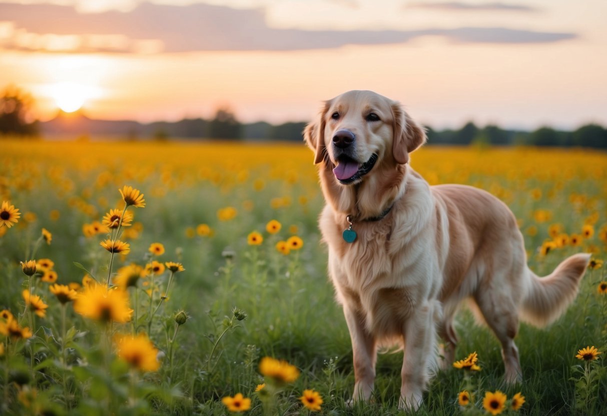 A golden retriever standing in a field of wildflowers, with the sun setting in the background, casting a warm glow over the scene