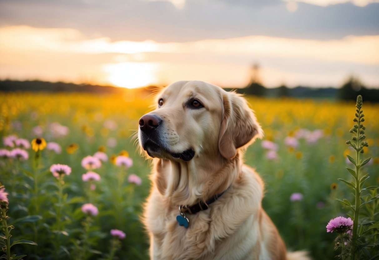 A golden retriever gazes up at the setting sun, surrounded by a field of blooming wildflowers