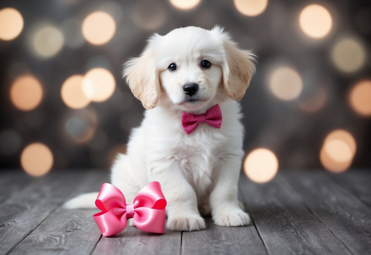 A fluffy white puppy with floppy ears sits next to a pink bow