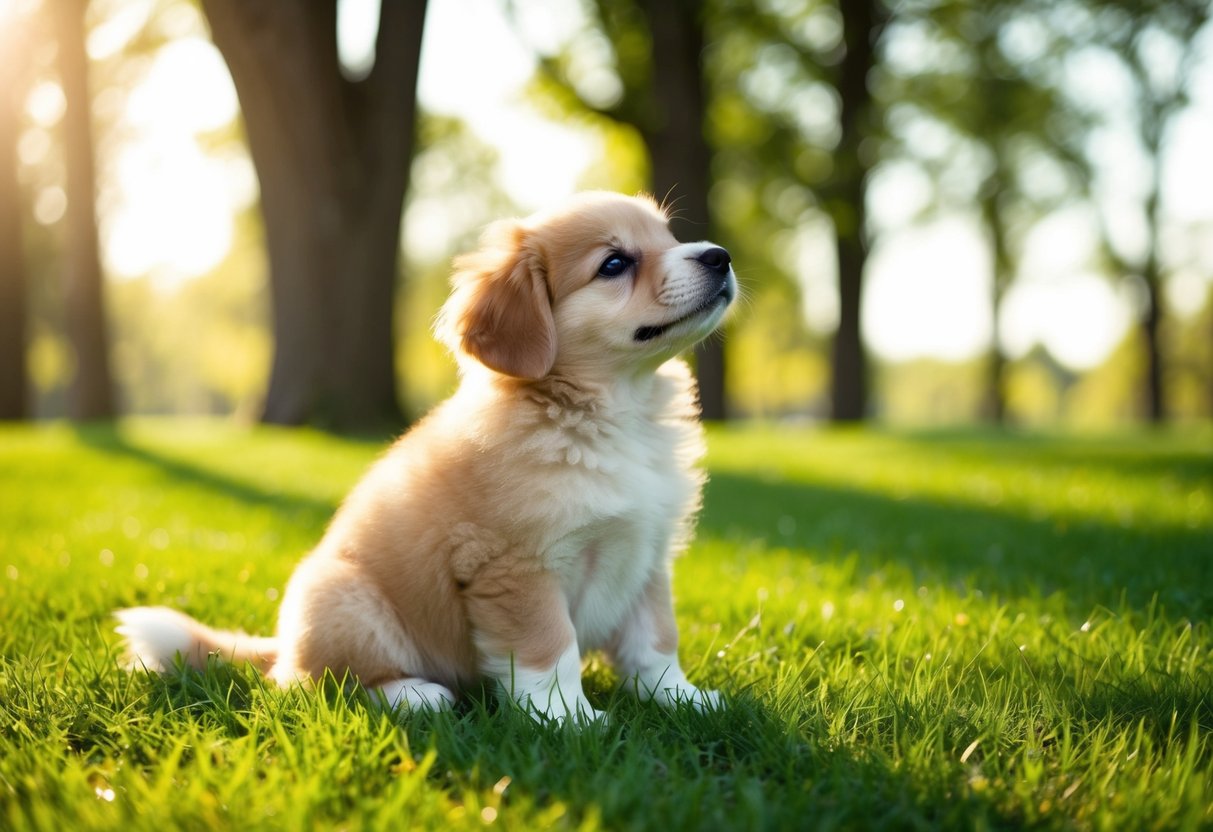 A fluffy puppy sits on a grassy field, tilting its head as if listening for the perfect name. Sunlight filters through the trees, casting a warm glow on the scene