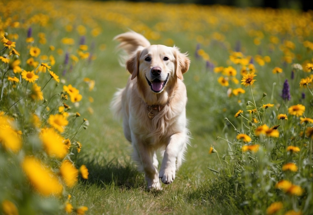 A golden retriever running through a field of wildflowers