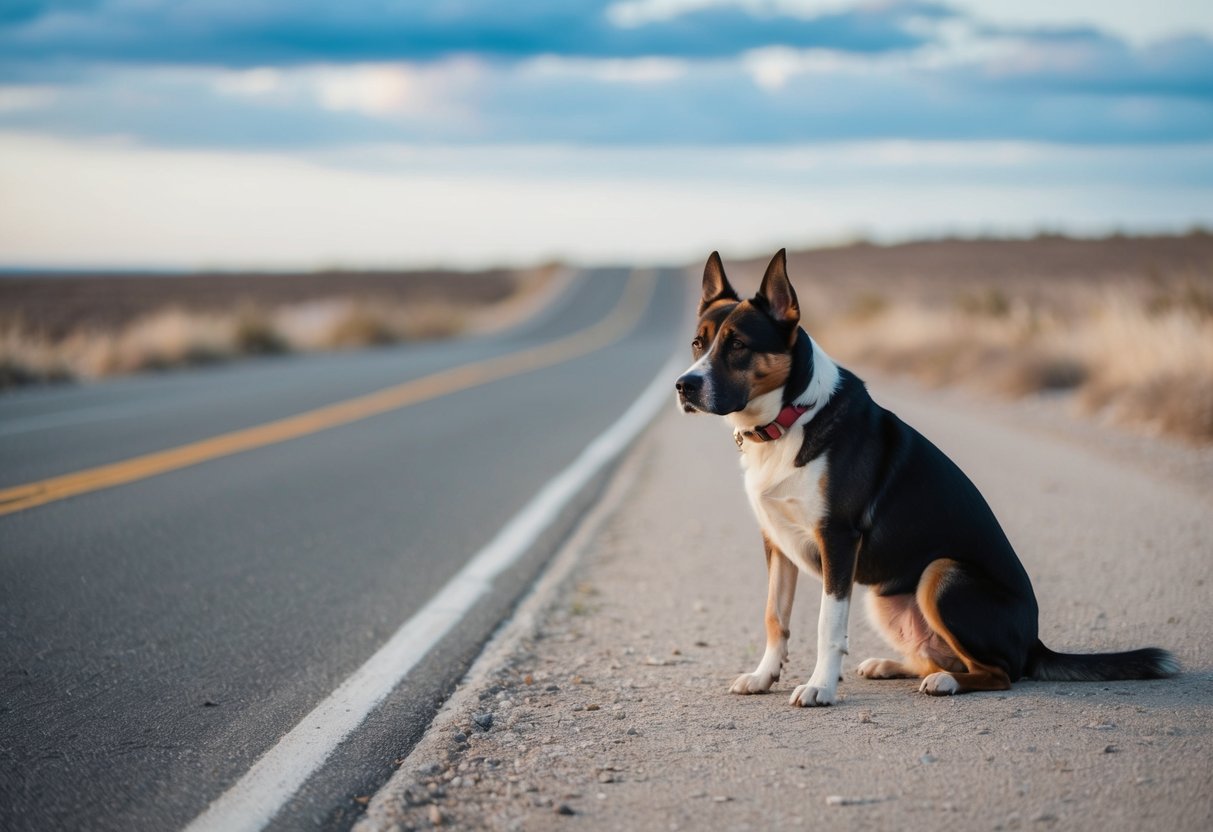 A sad and lonely mixed-breed dog sitting by a deserted road, looking forlorn and abandoned