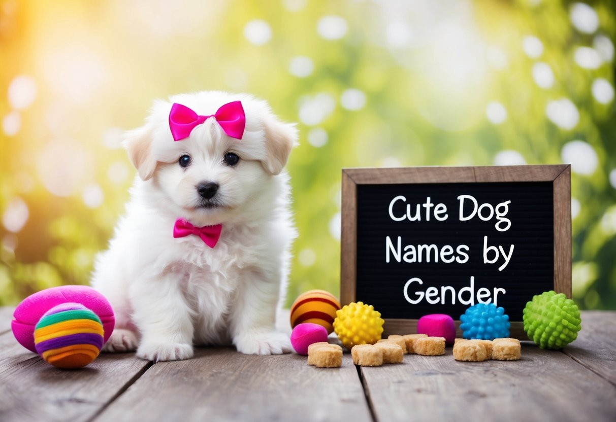 A fluffy white puppy with a pink bow sits beside a sign labeled "Cute Dog Names by Gender," surrounded by colorful toys and treats