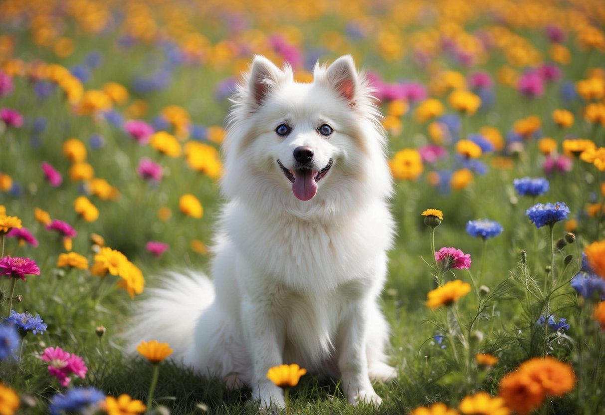 A fluffy white dog with bright blue eyes sits proudly in a field of colorful flowers, exuding a sense of uniqueness and charm