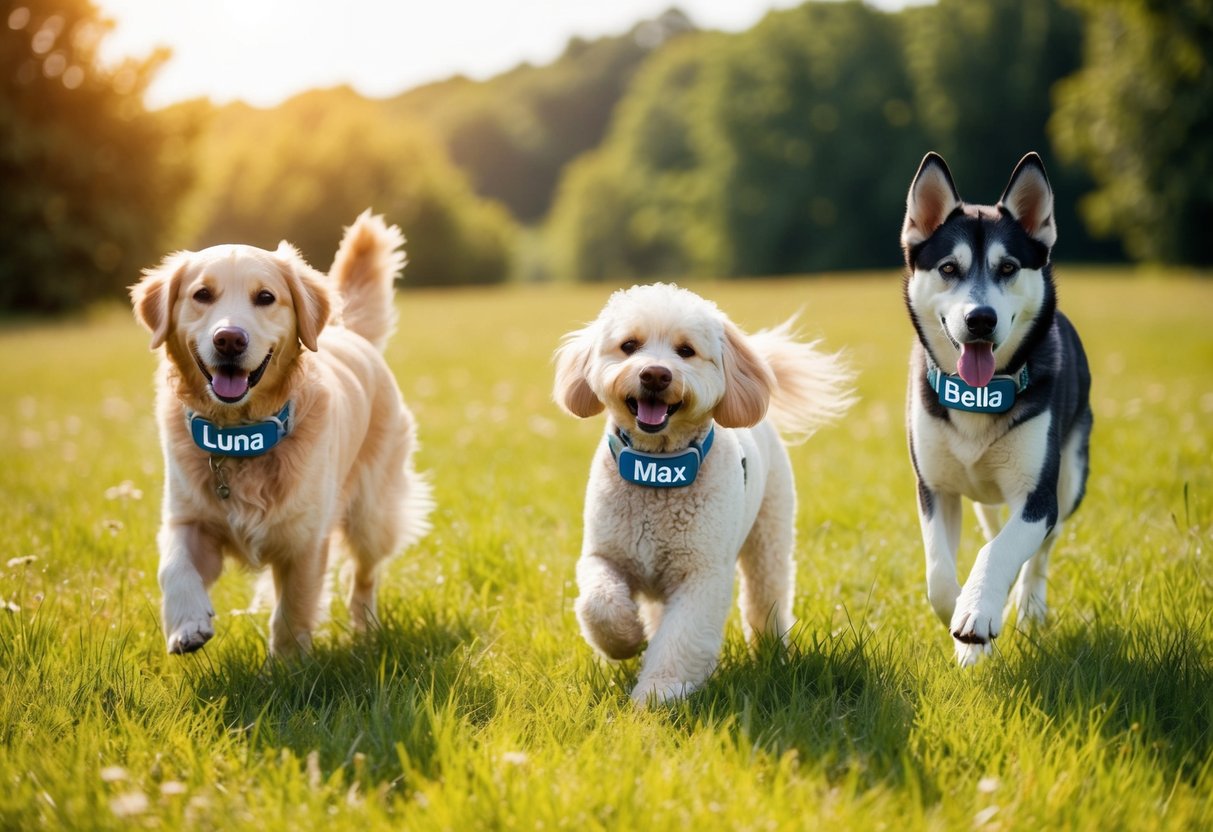 A golden retriever, a poodle, and a husky play in a sun-drenched meadow. Their collars display the names Luna, Max, and Bella