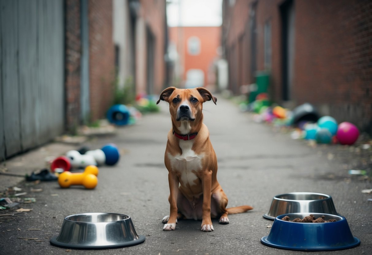 A forlorn dog sits alone in a desolate alley, surrounded by discarded toys and empty food bowls