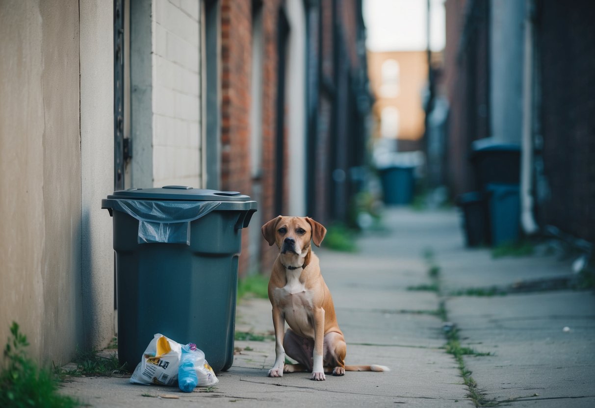 A sad, abandoned dog sits by a overflowing trash can in a neglected urban alleyway