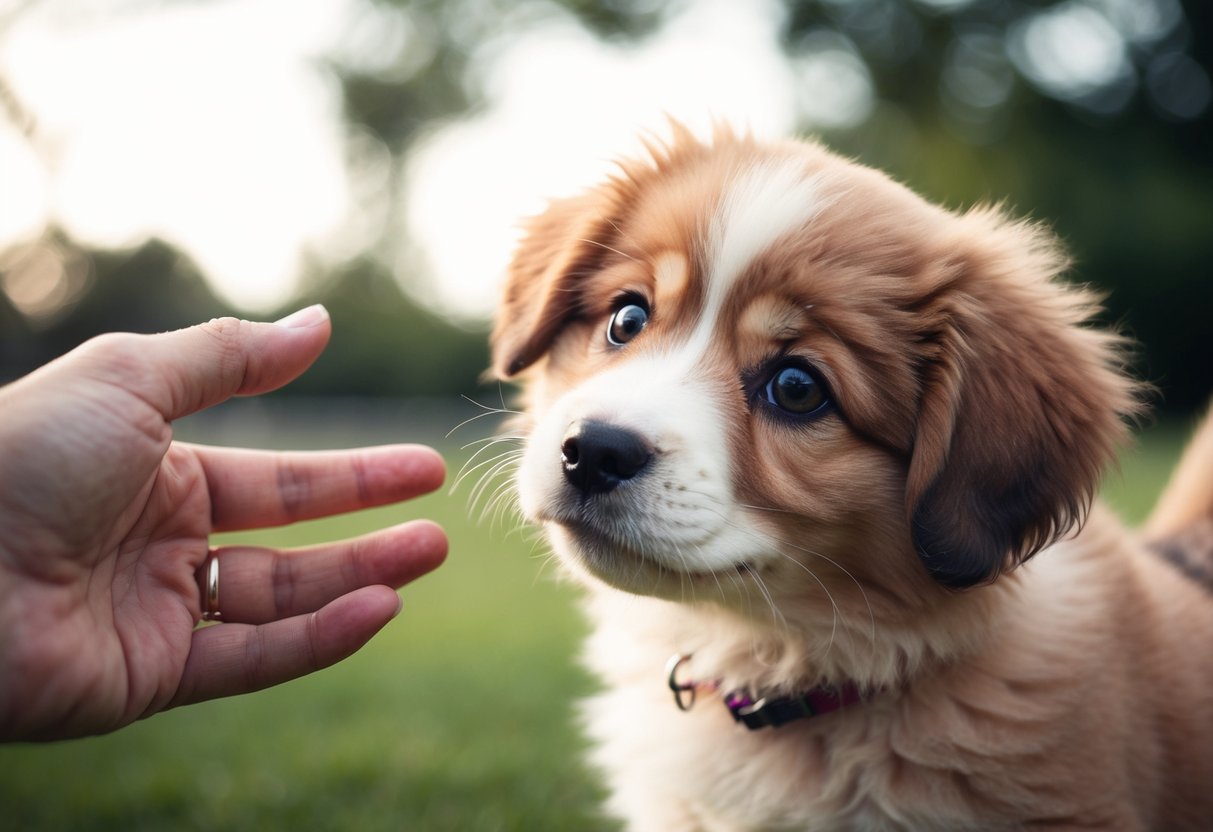 A fluffy puppy with big, soulful eyes tilts its head in curiosity as its owner calls out the name "Buddy."