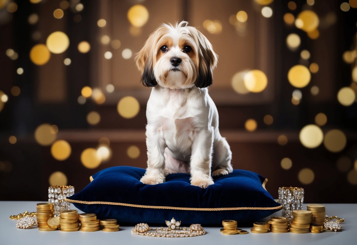 A luxurious, opulent dog sitting on a velvet cushion surrounded by sparkling jewels and gold coins