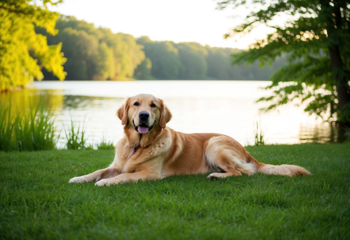 A golden retriever lying peacefully by a tranquil lake, surrounded by lush greenery and the soft glow of sunlight filtering through the trees