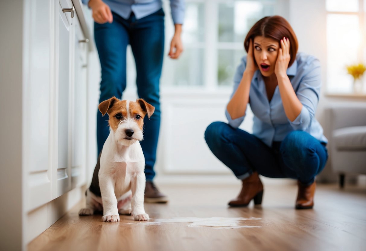 A stubborn terrier pup peeing indoors while the frustrated owner looks on
