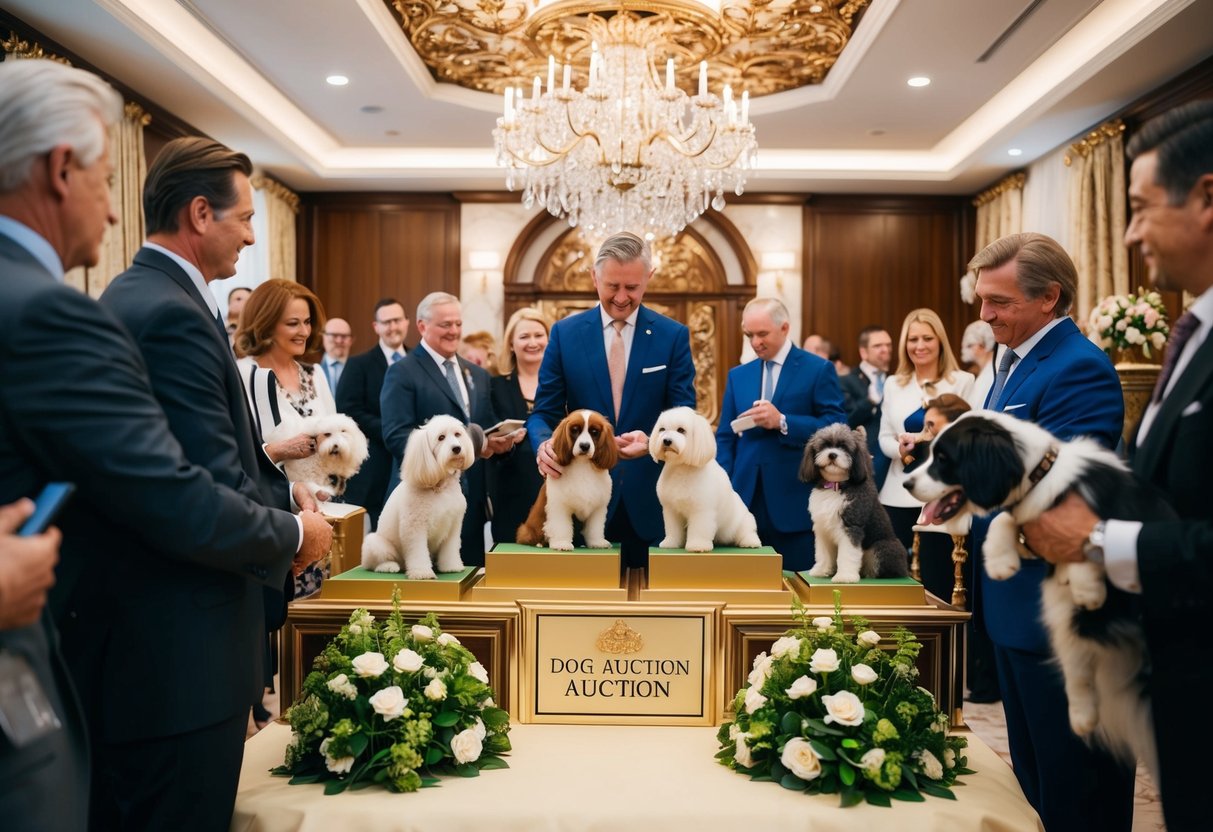 A luxurious dog auction with elegant breeds on display, surrounded by wealthy buyers and opulent decor
