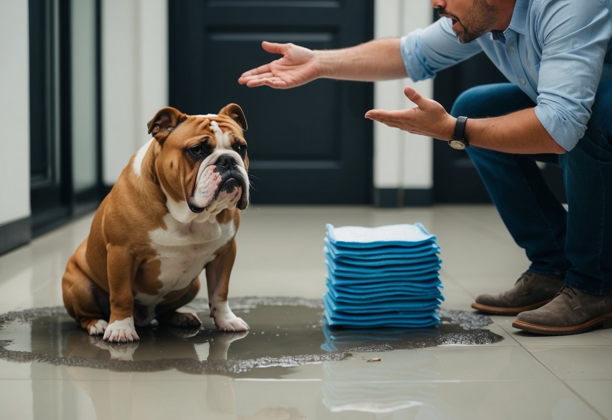 A stubborn bulldog defiantly sits beside a puddle indoors, while a frustrated owner gestures towards a stack of training pads